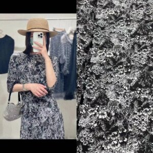 Classic all-matching black background white floral printed elastic crepe de chine silk fabric high order shirt dress