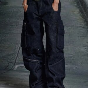 Dark Avant-Garde Style Techwear Deconstructed Design Pocket wide-leg Overalls Washed Jeans For Men And Women