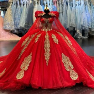 Lorencia Mexico Red Quinceanera Dress Girls Beaded Party Gown Gold Applique With Cape Sweet 16 Vestidos De XV 15 Anos YQD423