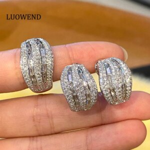 LUOWEND 100% 18K White Gold Earrings Luxury Design Real Natural Diamond Earrings&Ring for Women High Party Jewelry Set