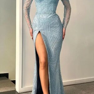 2024 Fashion Stunning Long Mermaid Off Shoulder Slit Lace Sequin Long Sleeve Prom Dress Formal Occasion Evening Dress