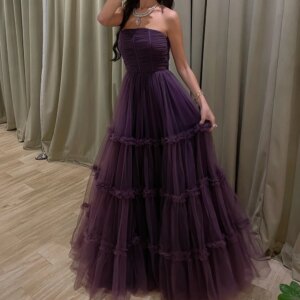 Customized  Tulle A-Line Strapless Evening Dress Sleeveless Floor Length Panel Train Solid Color Formal Vestidos para m