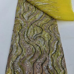 Yellow Luxury African Sequins Lace Fabric 2025 High Quality French Nigerian Groom Beaded Mesh Lace Fabric For Sewing Dress Party