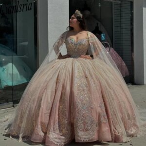 Mexico Ball Gown Rose Gold Quinceanera Dress 2024 Sequin Beaded Flowers Appliques Sweet 16 Dress Vestidos De 15 Anos