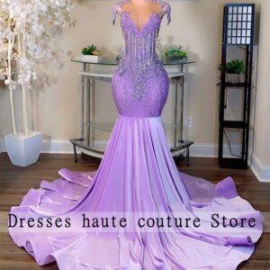 Lilac Purple Mermaid Prom Dress 2025 For Black Girl Luxury Diamond Crystal Tassel Birthday Runway Party Gown Customized