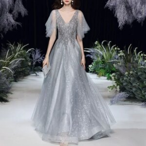 V-neck Slim Waist Simple Elegant Wedding Party Vestidos Exquisite Flare Sleeve Slim Prom Dress Mesh Temperament Evening Dresses