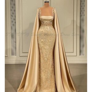 Gold New Arrival Mermaid Evening Dress Bateau Sleeveless Capes Satin Lace Ruffles Sequins Appliques Embroidery Elegant Celebrity