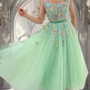 Mint Green Square Neckline Prom Dresses Tea Length for Girls 2025 Embroidery Flowers A Line Formal Evening Gowns