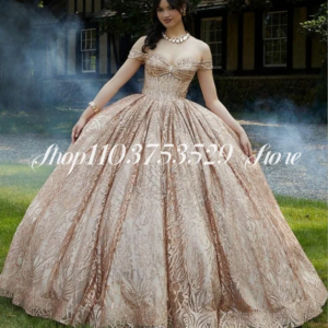 Champagne Princess Ball Gowns Quinceanera Dresses One Shoulder Lace Appliqué Mexican Ruffle Glitter Inlay Sequins Bow Custom
