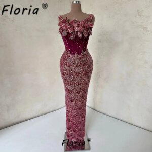 Burgundy Sleeveless Flowers Mermaid Evening Dress Luxury 3D Appliques Lace Silver Beading Prom Party Vestidos Customized Gala