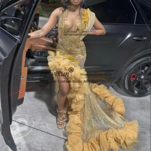 Gold Feathers Shinny Rhinestone Prom Dresses Customized For Black Girls Mermaid Birthday Party Dress Homecoming Gown robe