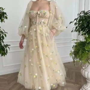 Champagne Prom Dress Sweetheart Embroidery Zipper Back Full Sleeves Floral Midi Evening Party Backless Cocktail Gown Custom Made
