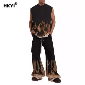 HKYI Men’s workwear trousers denim pants, retro streetwear, tie dye, mop pants, wide leg pants baggy men pants