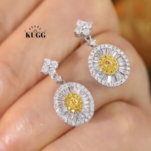 KUGG 100% 18K White Gold Earrings Classic Oval Shape Real Natural Yellow Diamond Stud Earrings for Women High Party Jewelry
