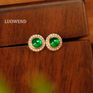 LUOWEND 100% 18K Yellow Gold Earrings Classic Design Luxury Diamond Natural Emerald Stud Earrings for Women High Party Jewelry