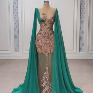 DMDRS Deep V-neck Evening Dress Crystal Beaded Party Gown Classic Long Sleeve Cape Floor-Length Party Dresses فساتين سهرة
