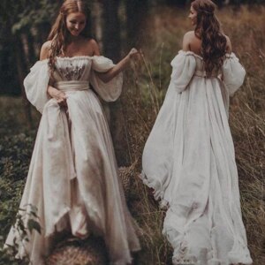 Customized Boho Off The Shoulder Princess Wedding Dress Sweetheart Appliqued Puff Sleeves Bride Dress A-Line Backless Bride Gown