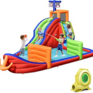 Inflatable Water Slide, Giant Blow Up Water Park w/3 Foam Water Guns & Target Balls, Climbing Wall & Splash Pool, Pirate Ship Wa