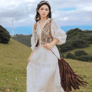 Ethnic Style Dress Women’s Suitable for Traveling to Qinghai Lake, Sanya, Yunnan and Taking Photos, Suit