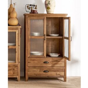 INNOVA Home Farmhouse Decors Storage Sideboard Vintage Glass Door Solid Wood Drawer Cabinet for Dining Room
