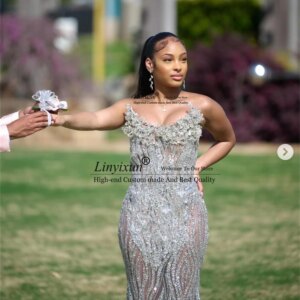 Sparkly Beaded Rhinestones Prom Dress With 3D Floars Appliques Evening Party Gown Customized Aso ebi Sexy Wedding Party Dress