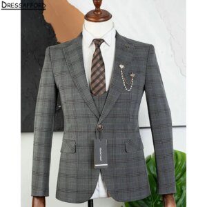 Gray Checked Men Business Formal Occasion Tuxedos Grooms Wedding Party Prom Male Suit 3 Piece Set Blazer Vest Pants
