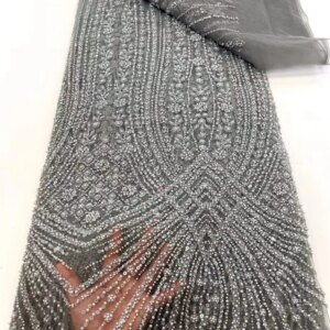 Luxury African Handmade Beads Lace Fabric French Lace Fabric Quality 2025 Latest Nigerian Net Lace Fabrics 2025 For Women A999-1