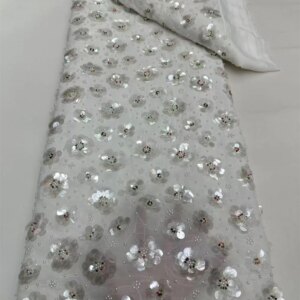 White African Net Lace Fabric 2025 High Quality Sequin Embroidery French Beaded Tulle Laces for Nigerian Wedding Dresses Q428-1