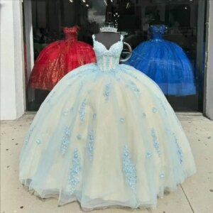 Customized Baby Blue Princess Quinceanera Dresses with Appliques Pleat Spaghetti Straps Royal Train Tulle Vestidos De 15 Anos
