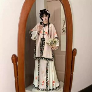 Han female antiquated round neck heavy industrial print skirt Hanfu