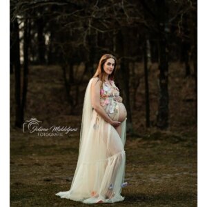 Don&Judy Pregnancy Dresses Photoshoot V-neck Tulle Dress with Flower Decorations Wedding Party Women’s Gowns Photography Photo