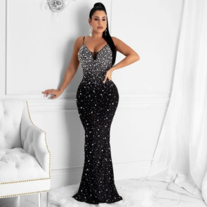 Sparkly black Sequins Mermaid Prom Dresses For Black Girls Crystal Rhinestone Court Train Party Gown pearls beaded strap sexy