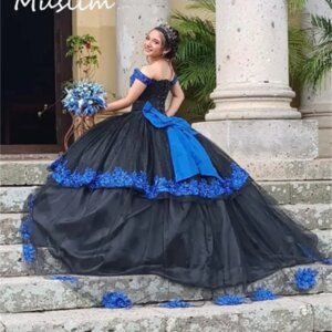 Charro Mexican Black Quinceanera Dresses Off Shoulders Blue Lace Xv Bow Vestidos De 15 Quinceañera Sweet 16 Party Customized