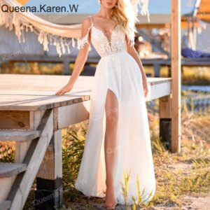 Elegant Boho A line Wedding Dress strap lace applique chiffon bride dress robe de mariee A line Wedding Bridal Gown