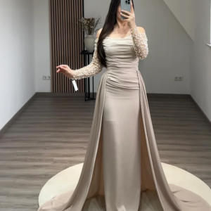 Customized Evening Dresses Column Sweetheart Floor-Length Beadings Wedding Dress Zipper Up Long Sleeves Formal Occasion Dresses