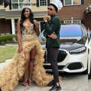 EVLAST Customized 2025 Gold Sequins Rhinestone Prom Dress Black Girls Birthday Party Mermaid High Slit Gown African Women E2P469