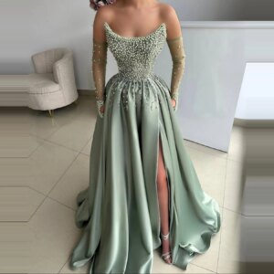 2025 Green Strapless Evening Dress Crystal Beaded Side Slit Elegant Formal Prom Dress Pearl Engagement Party Dress Customized