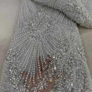 White African Sequins Pearls Lace Fabric 2024 High Quality French Heavy Beaded Tulle Lace Fabric Nigeria For Bridal Party Dress