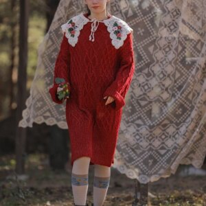 116cm Bust Fall Winter Vintage Red Christmas Sweaters Women Elegant Handmade Embroidery Crochet Collar Long Pullovers Sweaters