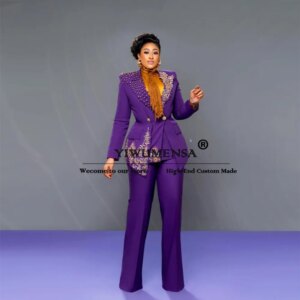 Luxury Purple Women Suits Colorful Beading Crystals Jacket Pants 2 Pieces Bride’s Mother Dresses Ladies Dinner Party Female Gown