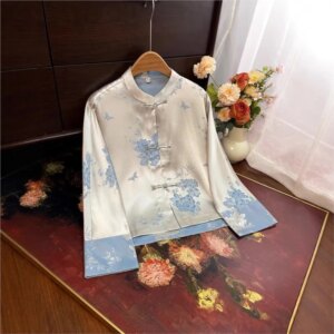 New Chinese style jacquard coat women disc button top stand collar silk satin shirt