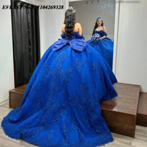 EVLAST Customized Glitter Royal Blue Quinceanera Dress Ball Gown Lace Applique Beading Bow Sweet 16 Vestidos De 15 Anos E3Q738