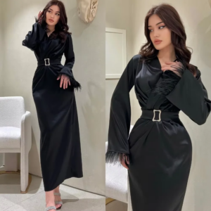Customized Black Straight Prom Dresses Tea-Length V-Neck Full Sleeve Evening Dresses Simple Fashion Feathers Crystal Sashes