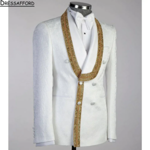 White Jacquard Men’s Suits Fashion 2 Pieces Sets Groom Prom Blazers Gold Crystal Edge Decoration Tuxedos Men