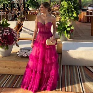 RFYR Fuschia Tiered Ruffles Tulle Prom Dresses Sweetheart Sleeveless Pleat Ruched Saudi Arabic Evening Party Gown robe soirée