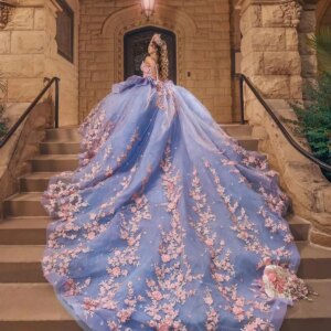 Customized Quinceanera Dress 2025 Luxury Sea Blue Pink 3D Floral Ball Gown Sweet 16 Dress Vestidos De 15 Quinceañera Long Train