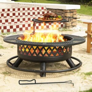 42 Inch Outdoor Fire Pit with Grill, Large Firepit Table for Outside, Metal Round Firepits with Lid&Fire Poker(Black)