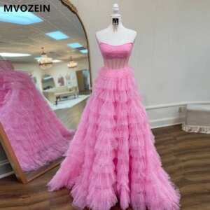 MVOZEIN Layers Pink Prom Dresses 2025 Strapless Backless Long Evening Dress Party Dresses Formal Occasion Dress Shining Tulle