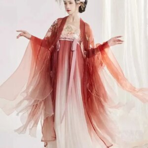 Peach Charm | Traditional Tang Dynasty Hanfu Exquisite Embroidered Petal Design | Women’s Chest-High Pleated Skirt with Wide Sle