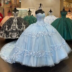 Customized Luxury Light Blue Quinceanera Dresses Vestidos De 15 Anos 3D Floral Applique Off Shoulder Corset Formal Birthday